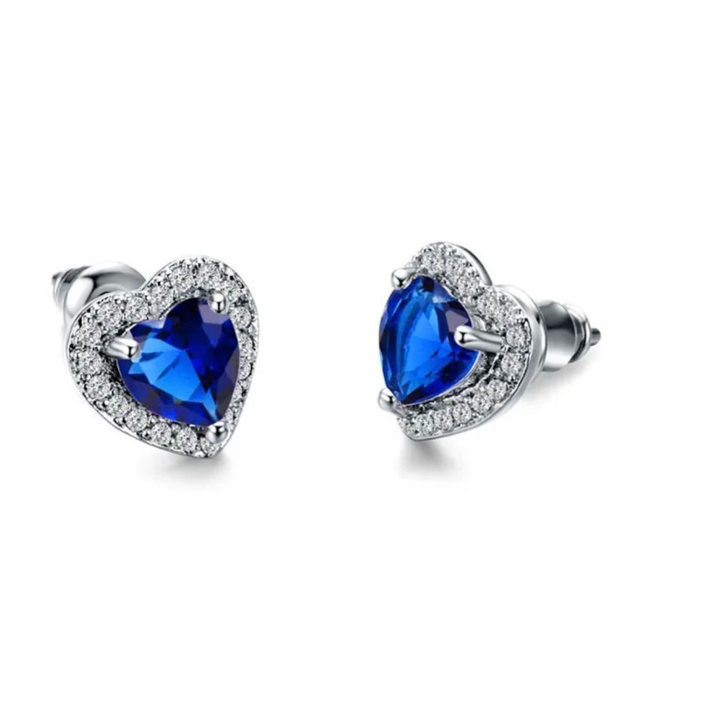 Heart shaped blue zircon copper earrings-artificial gemstone